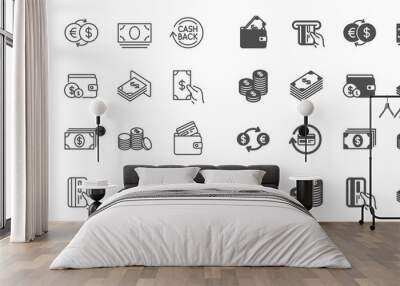 Money line icons. Set of Banking, Wallet and Coins icons. Credit card, Currency exchange and Cashback money service. Euro and Dollar, Cash wallet, exchange. Banking credit card, atm payment. Vector Wall mural