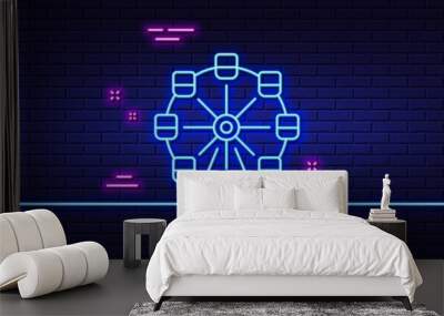 Neon light glow effect. Ferris wheel line icon. Amusement park sign. Carousels symbol. 3d line neon glow icon. Brick wall banner. Ferris wheel outline. Vector Wall mural