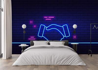 Neon light glow effect. Handshake line icon. Hand gesture sign. Business deal palm symbol. 3d line neon glow icon. Brick wall banner. Handshake outline. Vector Wall mural