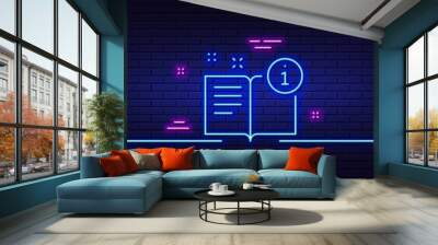 Neon light glow effect. Instruction line icon. User manual sign. Information book symbol. 3d line neon glow icon. Brick wall banner. Manual outline. Vector Wall mural