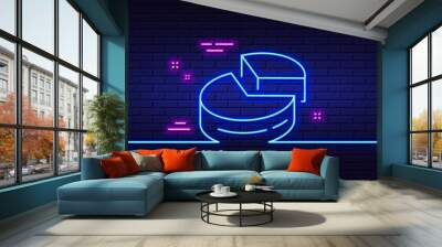 Neon light glow effect. Pie chart line icon. Presentation 3d graph sign. Market analytics symbol. 3d line neon glow icon. Brick wall banner. Pie chart outline. Vector Wall mural