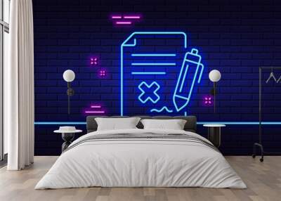 Neon light glow effect. Reject file line icon. Decline document sign. Delete file. 3d line neon glow icon. Brick wall banner. Reject file outline. Vector Wall mural