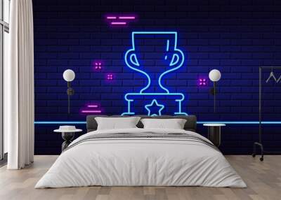 Neon light glow effect. Winner cup line icon. Award trophy sign. Best achievement symbol. 3d line neon glow icon. Brick wall banner. Winner cup outline. Vector Wall mural