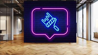 Neon light speech bubble. Paint roller line icon. Wall roll brush sign. Painter tool symbol. Neon light background. Paint roller glow line. Brick wall banner. Vector Wall mural