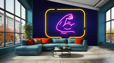 Neon light speech bubble. Strong arm line icon. Strength muscle sign. Gym fit training symbol. Neon light background. Strong arm glow line. Brick wall banner. Vector Wall mural