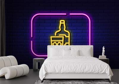 Neon light speech bubble. Whiskey glass with ice cubes line icon. Scotch alcohol sign. Neon light background. Whiskey glass glow line. Brick wall banner. Vector Wall mural