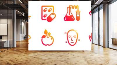 No sun, Chemistry lab and Animal tested line icons set. Ð¡onjunctivitis eye, Health skin and Eco food signs. Capsule pill, Fair trade symbols. Uv protect, Medical laboratory. Healthcare set. Vector Wall mural