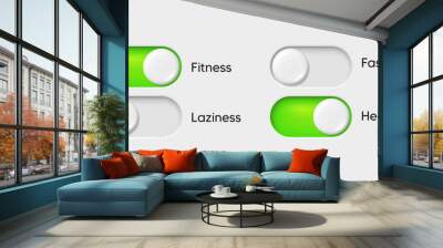 On and Off toggle switch buttons. Slider switch buttons set. Mobile app interface design. Toggle choice green buttons. Select preferences. Interface with active slide control. Vector illustration Wall mural