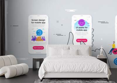 Outline set of Push cart, Human resources and Shopping bag line icons for web application. Phone ui interface. Include Electric plug, Heart, Entrance icons. Vector Wall mural