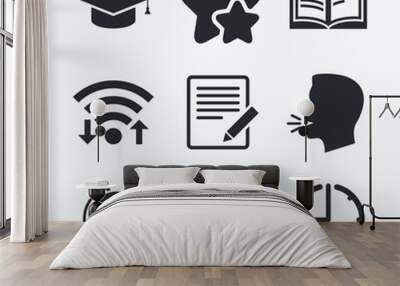 Pencil and open book signs. Graduation cap icon. Wall mural