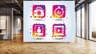 Photo camera icon. Flash light and video frame symbols. Stopwatch timer 2 seconds sign. Human portrait photo frame. Colour gradient square buttons. Flat design concept. Vector Wall mural