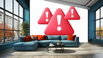 Red danger warning triangle 3d icon. Alert, caution or emergency notification symbol. Danger hazard notification. Caution alert notice, triangle warning reminder and emergency attention. Vector Wall mural