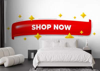 Red ribbon banner with 3d stars. Shop now. Special offer price sign. Sale discounts symbol. Shop now ribbon message. Flag frame banner with star. Label badge template. Vector Wall mural