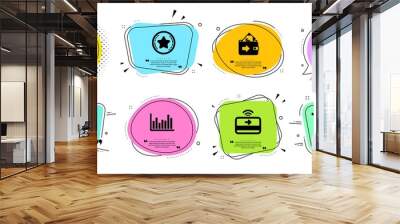 Salary employees, Bar diagram and Bitcoin line icons set. Chat bubbles with quotes. Loyalty star, Wallet and Bitcoin graph signs. Graph chart, Contactless payment symbols. Vector Wall mural