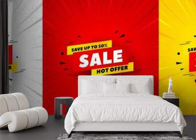 Sale 50 percent off banner. Flash offer banner, coupon or poster. Discount sticker shape. Hot offer icon. Sale 50 percent promo banner. Retail marketing flyer. Starburst pop art. Vector Wall mural