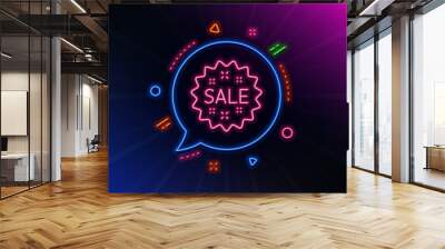 Sale line icon. Neon laser lights. Shopping discount sign. Clearance symbol. Glow laser speech bubble. Neon lights chat bubble. Banner badge with sale icon. Vector Wall mural