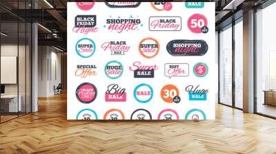 Sale shopping stickers and banners. Sale discount icons. Special offer stamp price signs. 10, 20, 25 and 30 percent off reduction symbols. Website badges. Black friday. Vector Wall mural