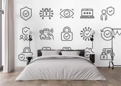 security line icons set. cyber lock, unlock, password. guard, shield, home security system icons. ey Wall mural