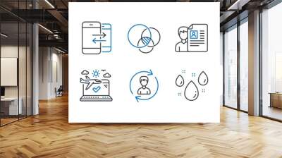 Set of Business icons, such as Euler diagram, Phone communication, Santa hat, Rainy weather, Human resources, Line chart, Airplane travel, Intersection arrows, Job interview, Savings. Vector Wall mural