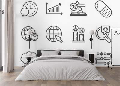 Set of Science icons, such as Internet, Computer keyboard, Online chemistry, Chart, Time zone, Capsule pill, Ab testing, Energy, Methodology, Medical analyzes, Update time line icons. Vector Wall mural