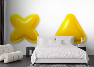 Set of yellow different 3d shapes. Stars, triangle glossy elements. Realistic 3d design cartoon style. Abstract objects for 3d design elements. Yellow golden star. Vector illustration Wall mural