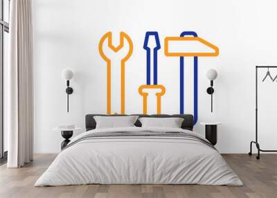 Spanner, hammer and screwdriver line icon. Repair service sign. Fix instruments symbol. Colorful outline concept. Blue and orange thin line color Spanner tool icon. Vector Wall mural