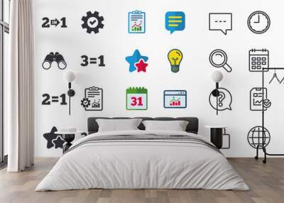 Special offer icons. Take two pay for one sign symbols. Profit at saving. Chat, Report and Calendar signs. Stars, Statistics and Download icons. Question, Clock and Globe. Vector Wall mural