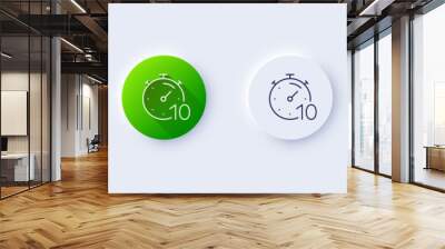 Timer 10 minutes line icon. Neumorphic, Green gradient, 3d pin buttons. Stopwatch time sign. Countdown clock symbol. Line icons. Neumorphic buttons with outline signs. Vector Wall mural