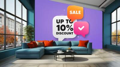 Up to 10 percent discount tag. 3d bubble chat banner. Discount offer coupon. Sale offer price sign. Special offer symbol. Save 10 percentages. Discount tag adhesive tag. Promo banner. Vector Wall mural