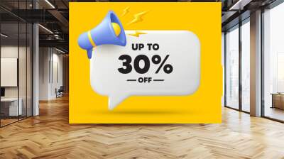 Up to 30 percent off sale. 3d speech bubble banner with megaphone. Discount offer price sign. Special offer symbol. Save 30 percentages. Discount tag chat speech message. 3d offer talk box. Vector Wall mural