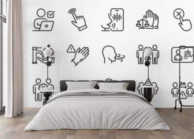 Use gloves, Online tax and Clown line icons pack. Social media icons. Breathing exercise, Partnership, Friends couple web icon. Face id, Builders union, Fist bump pictogram. Vector Wall mural