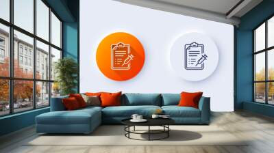 Vaccine report line icon. Neumorphic, Orange gradient, 3d pin buttons. Vaccination syringe sign. Injection schedule symbol. Line icons. Neumorphic buttons with outline signs. Vector Wall mural