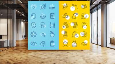 Vector icons set of Water drop, Mattress and Moisturizing cream line icons pack for web with Mint tea, Medical mask, Patient history outline icon. Conjunctivitis eye, Eye checklist. Vector Wall mural