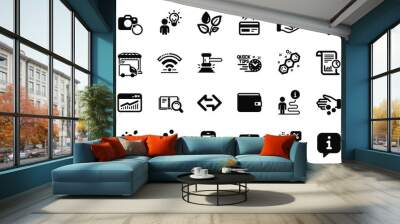 Vector Set of Business icons related to Wifi, Recovery photo and Judge hammer icons. Money wallet, Sunny weather and Donation money signs. Laptop password, Plants watering and New. Sync. Vector Wall mural