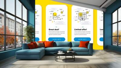 Vector set of Savings, Bitcoin atm and Diagram chart line icons set. UI phone app screens with line icons. Salary icon. Finance currency, Cryptocurrency change, Presentation graph. Vector Wall mural