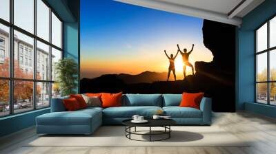 Couple teamwork people, inspiring success in mountains Wall mural