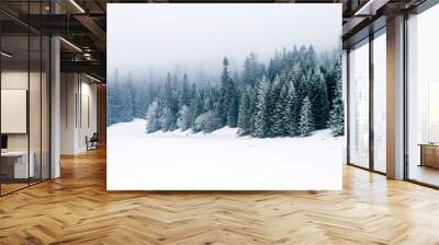 Winter white forest with snow, Christmas background Wall mural