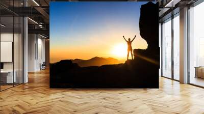 Woman climber success silhouette in mountains, ocean and sunset Wall mural