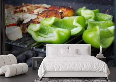 barbecue with chicken meats and green pepper Wall mural