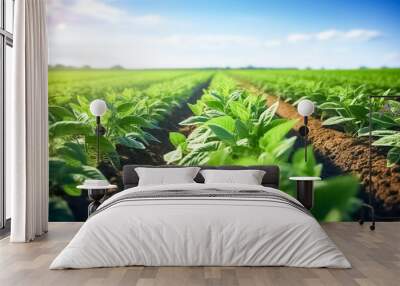 Agricultural soy plantation on field agricultural landscape. Green growing soybeans plant.
 Wall mural