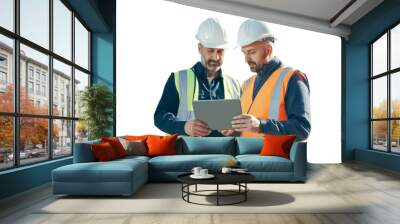 Construction worker engineer architect team at work with tablet pc isolated on transparent background. 
 Wall mural