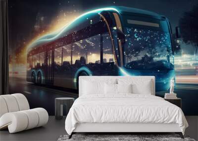 Future of urban autonomous mobility city bus. Public transport. Autonomous electric bus self driving on night street. generative AI Wall mural