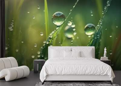 Grass. Fresh green spring grass with dew drops closeup. Raindrops, water, fresh, juicy, beautiful grass close-up. Summer, spring background.  generative AI
 Wall mural