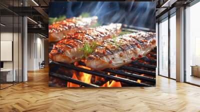 Grilled fish. Cooking fish on the barbecue grid.
 Wall mural