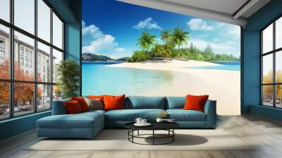 Idyllic tropical beach, natural landscape with palm tree, bright sunny day. 
 Wall mural