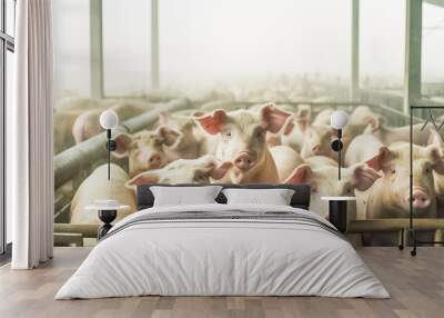 Indoor pig farm. Many dirty pigs inside an industrial pig farm. Young big domestic pigs at animal farm indoors.

 Wall mural