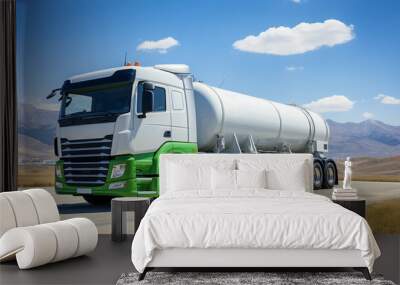 Logistic hydrogen tank on semi trailer truck out for deliver. Truck transporting gas or green hydrogen. 
 Wall mural