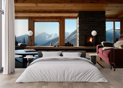 Modern chalet interior. Wooden chalet in the mountains, snowy forest. generative ai

 Wall mural