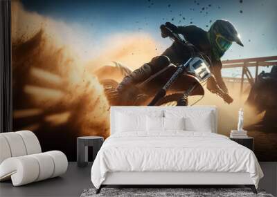 Motorcycle, offroad driving in desert. Driver, cycling and power stunt on desert track. generative AI

 Wall mural