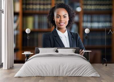 Portrait, lawyer and young black woman smile and happy standing against bookshelf. African attorney, technology and face of professional, female advocate and legal advisor in law firm.
 Wall mural